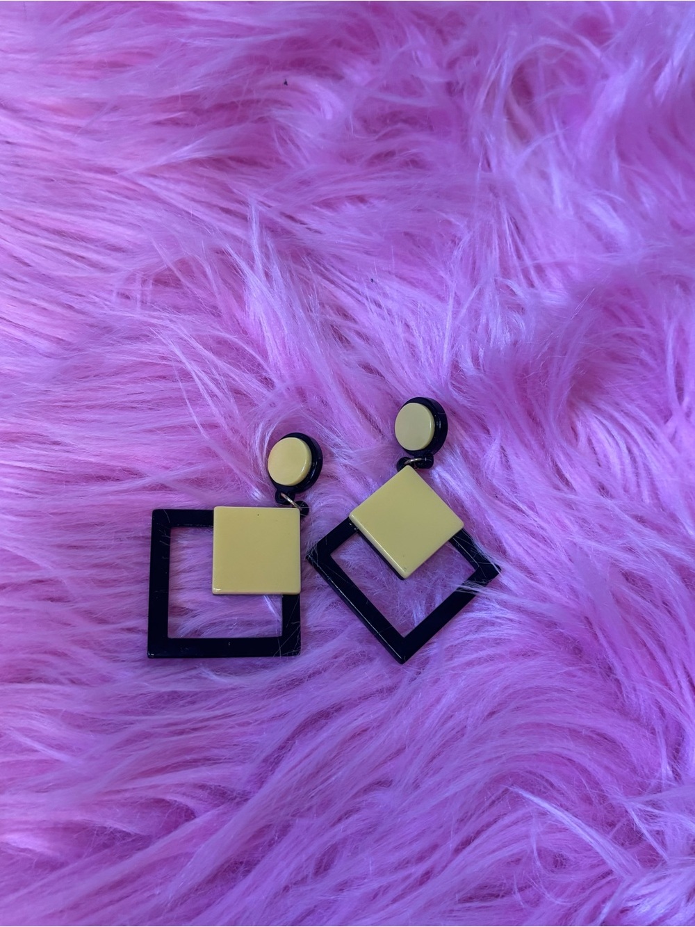 Vintage Black & Yellow Geometric Square Drop Earrings 80s Statement Jewelry